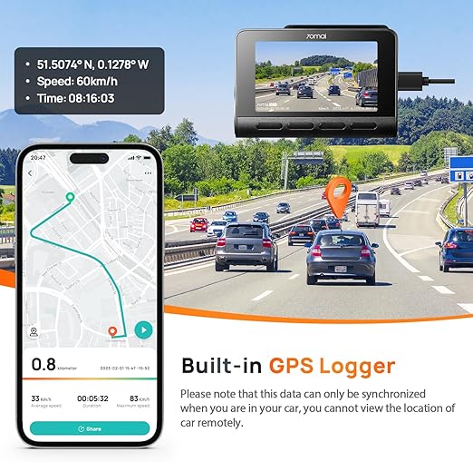 70mai Dash Cam A810 (Night Vision, GPS, 4K) - Black